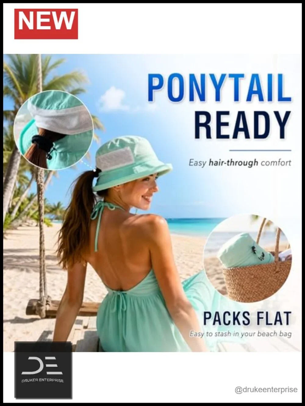 Women's Wide Brim Bucket Sun Hat with Ponytail Hole UPF 50 Packable